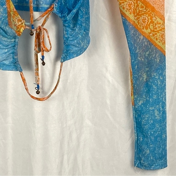 Free People Women's Paisley Boho Long Sleeve Mesh Cropped Open Back Top Size XS - Picture 16 of 16